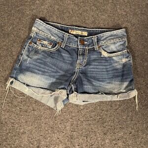 BKE Culture Womens Denim Shorts Sz 26 Medium Wash Distressed Frayed Hem Low Rise